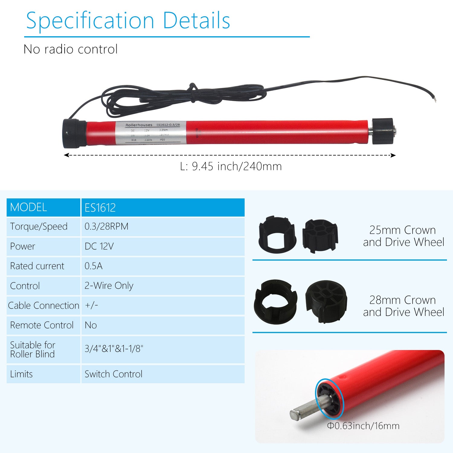 ES1612 DC12V DIY Electric Roller Blind/Shade Tubular Motor Kit(25mm-28mm).