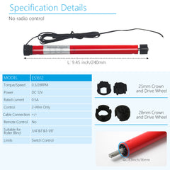 ES1612 DC12V DIY Electric Roller Blind/Shade Tubular Motor Kit(25mm-28mm).
