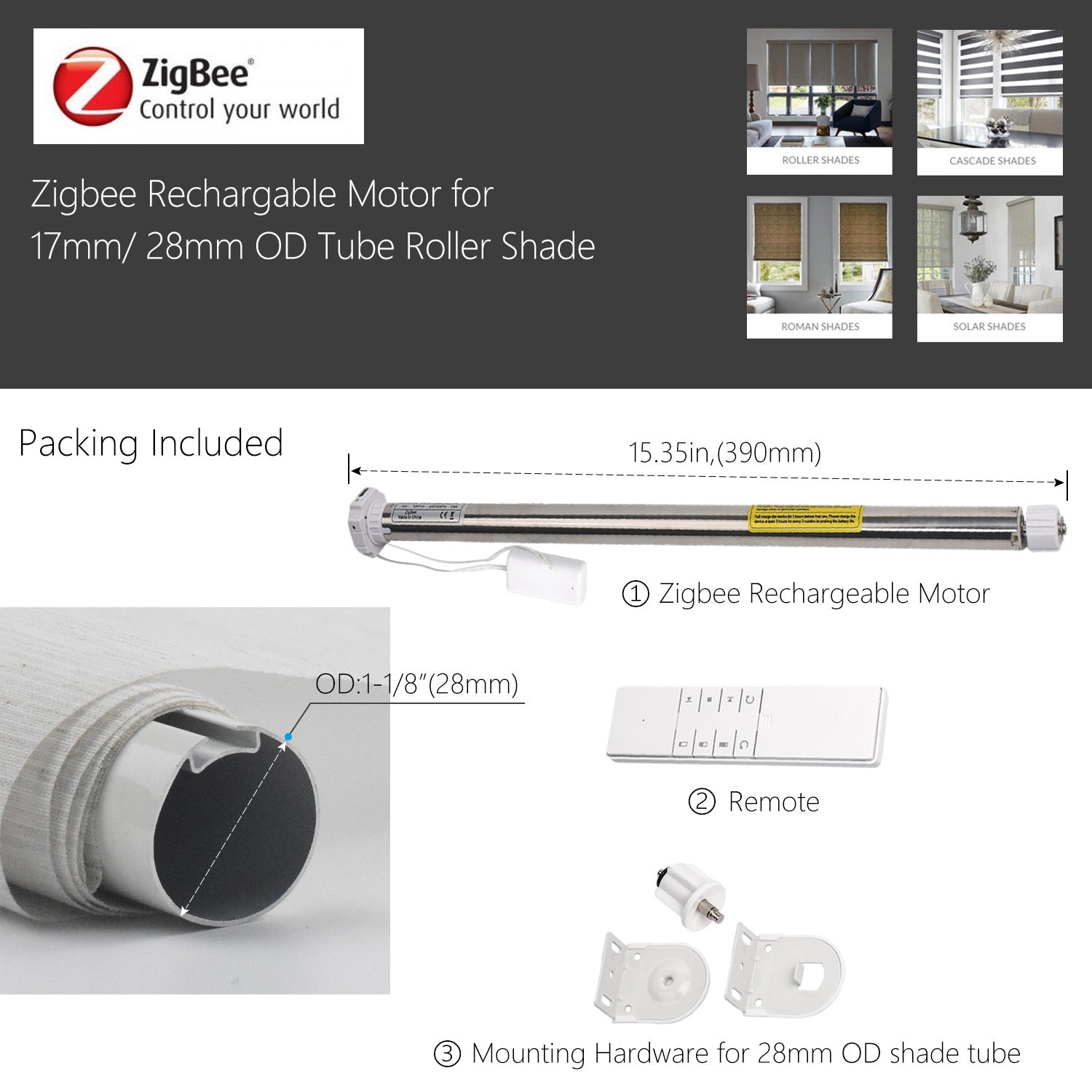 Smart Roller Blinds Motor for 1"(25mm) OD Tube, for Alexa,GoogleHome,Rechargeable.