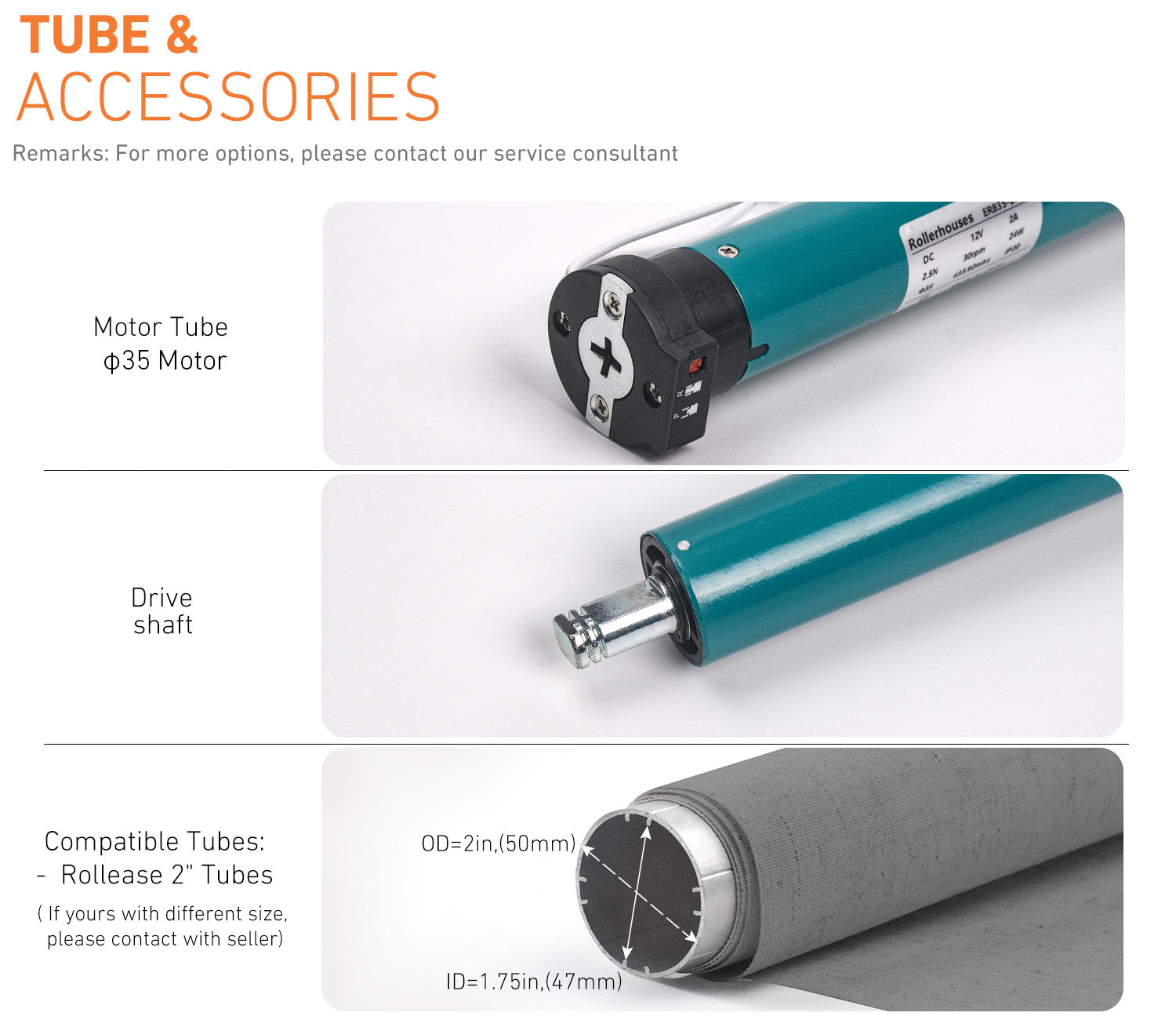 Rollerhouses ERB35 | 2"(50mm) Rechargeable Roller Shade Motor Kit,Remote control.