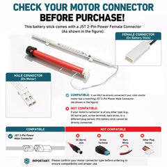 **أنبوب بطارية 12 فولت لمحركات RTS**  
بطارية قابلة للاستبدال **Somfy #9018685** 12V DC مع أنبوب بطارية قابل لإعادة الشحن مع **Smith & Noble**، **Hunter Douglas**، **Windows Shade**، **Comfortex**، و **Blindsgalore**.