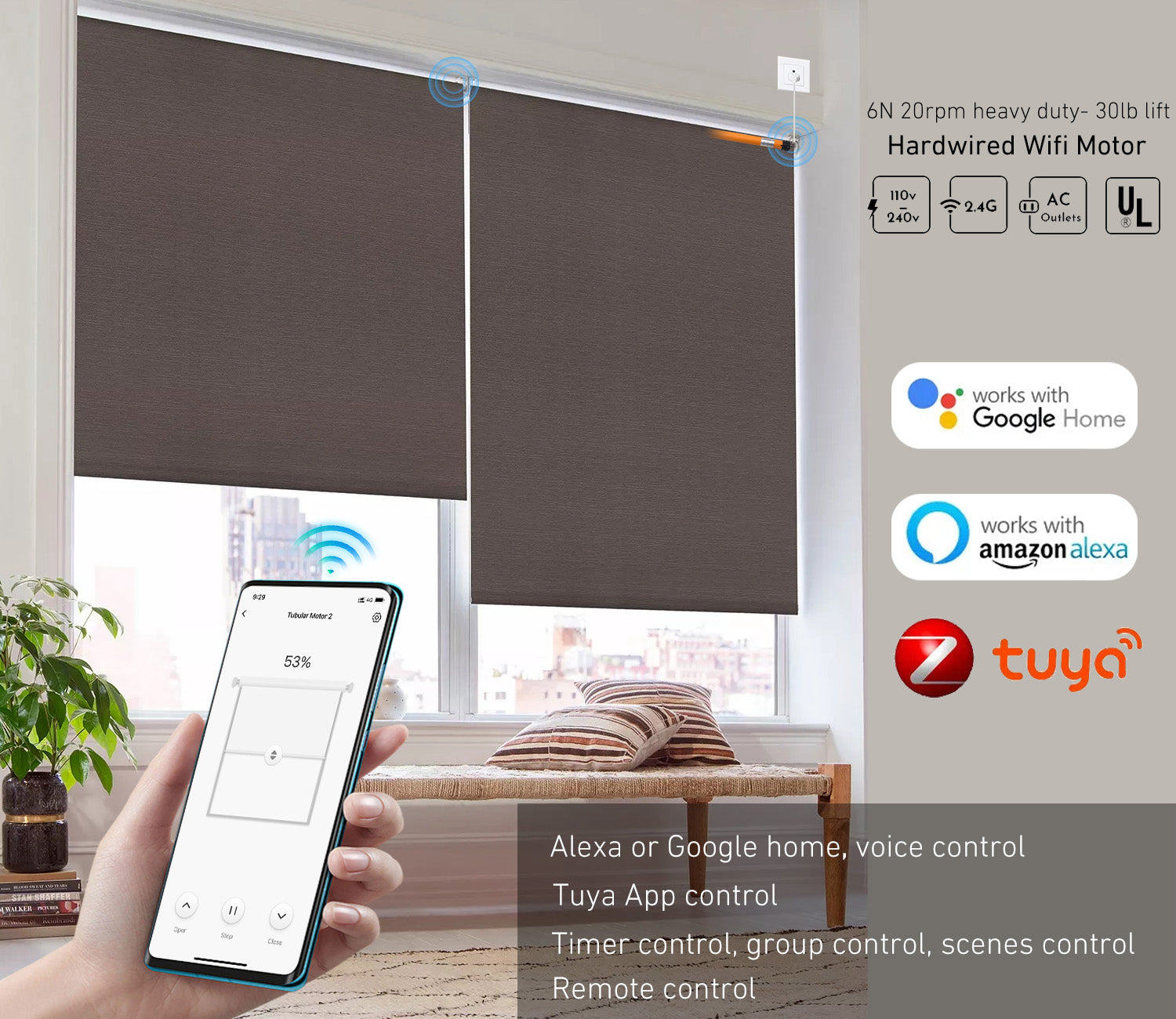 110V/120V Tuya WiFi 35mm Roller Blinds Motor Wired, 6N 20rpm, Smart Google Alexa APP Electric Remote Control Motorized Roller Blinds.